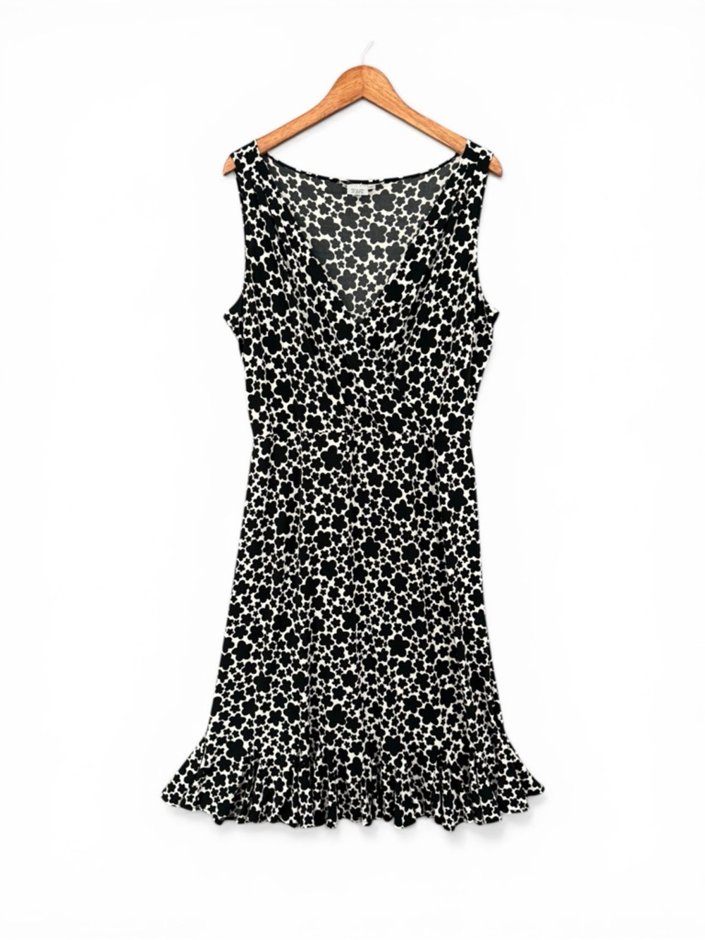 Maggy London Faux‑Wrap Sleeveless Ruffle‑Hem Dress Black & White Floral Size 16